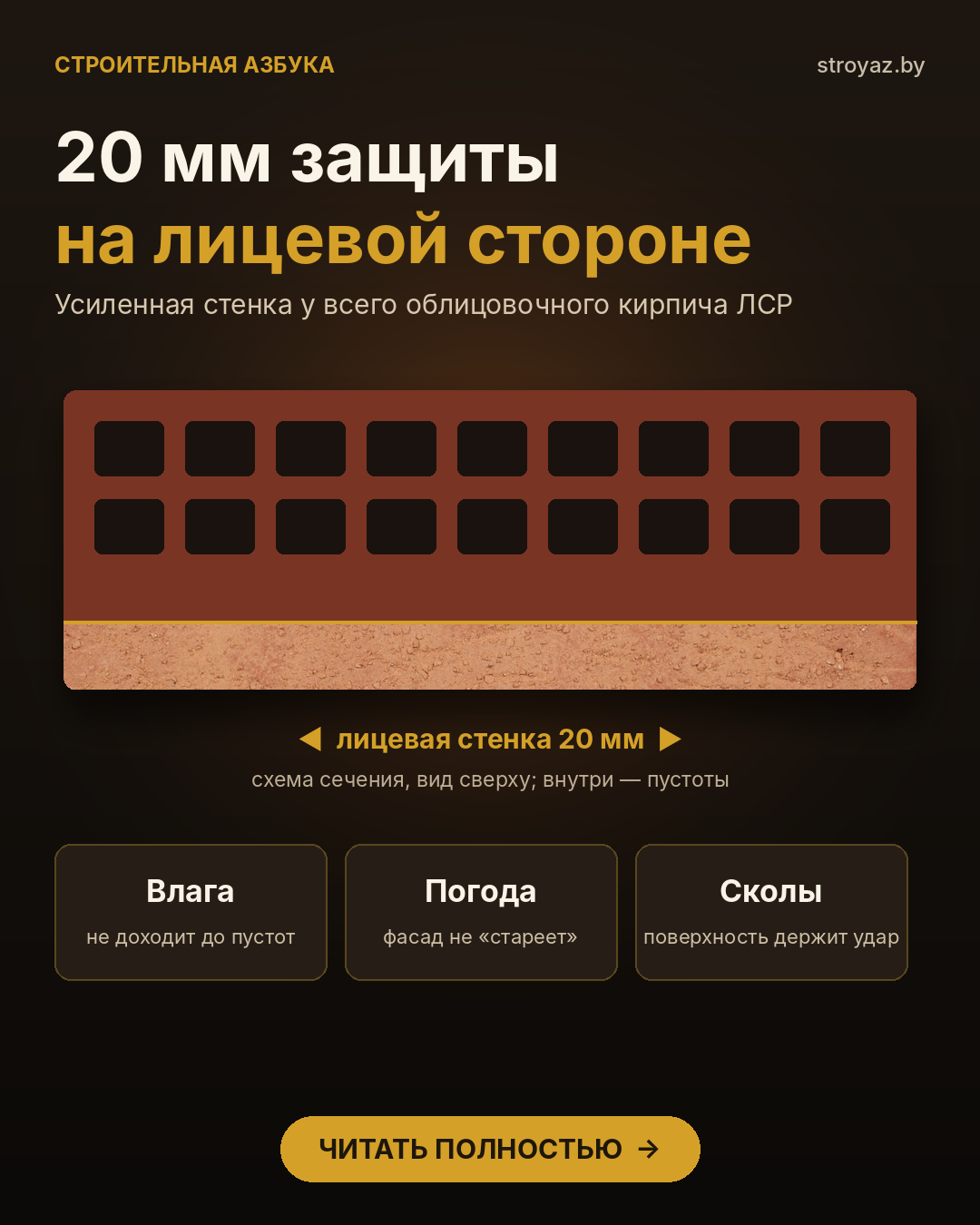 Схема сечения кирпича ЛСР: лицевая стенка 20 мм и пустоты внутри